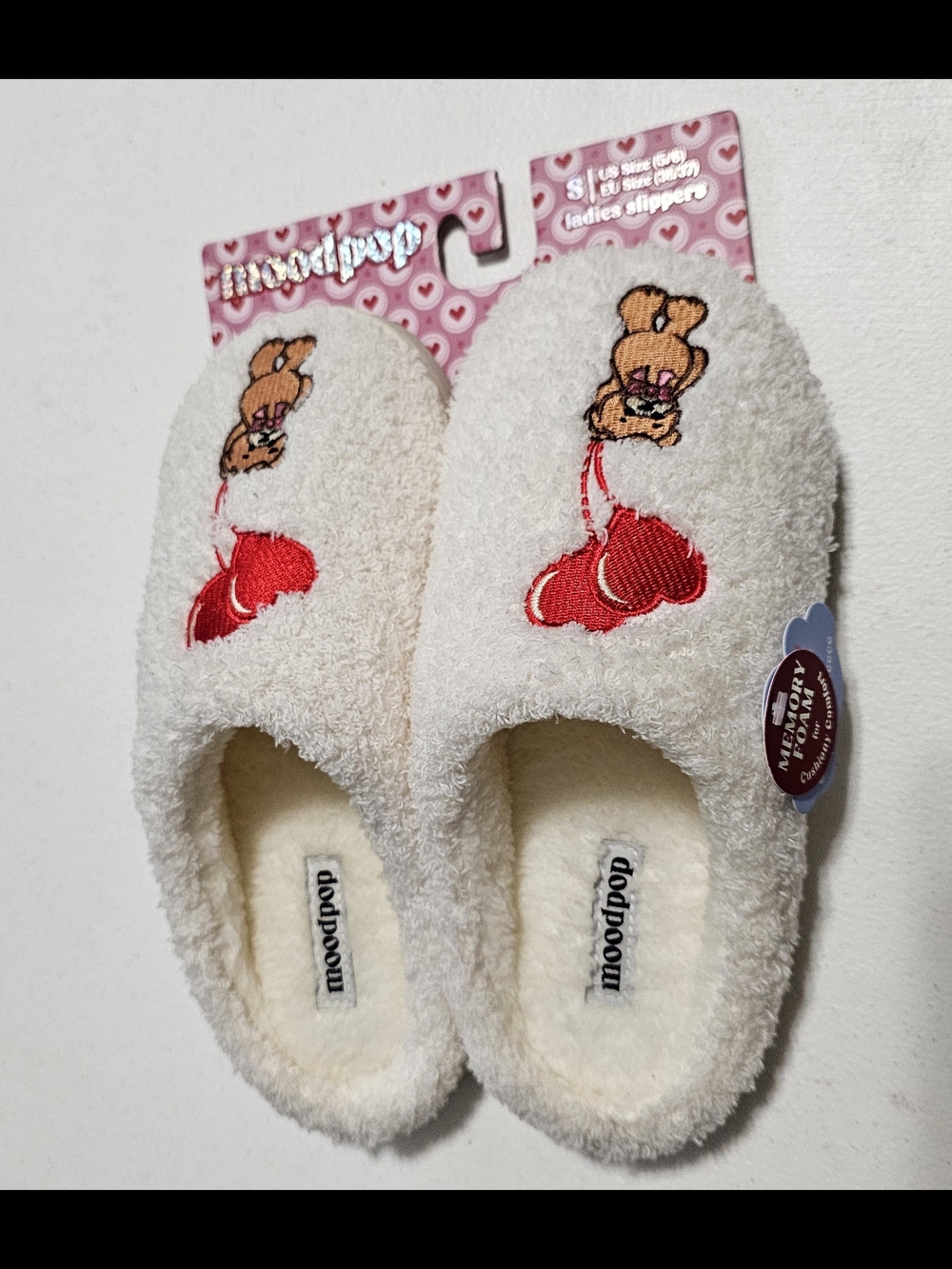 Women's Cream Plush Slippers with Red Heart Embroidery